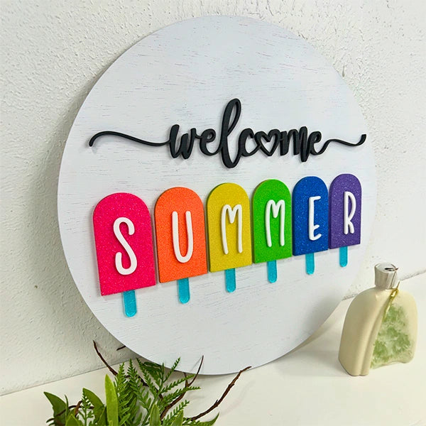 Letrero Decorativo “Welcome Summer” – Diseño en Madera y Glitter Neón